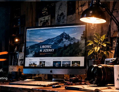 Pracovní stůl digitálního studia s monitorem, fotoaparátem a světlem